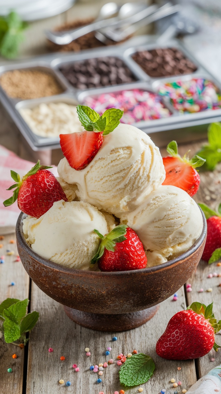 A bowl of creamy vanilla ice cream topped with strawberries and mint leaves, with toppings like chocolate chips and nuts in the background.